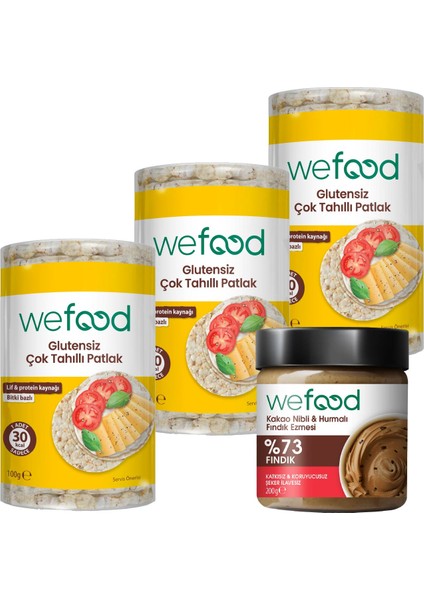 Kakao Parçacıklı Fındık Ezmesi 200 gr +Wefood Glutensiz Çok Tahıllı Patlak 100 gr 3'lü
