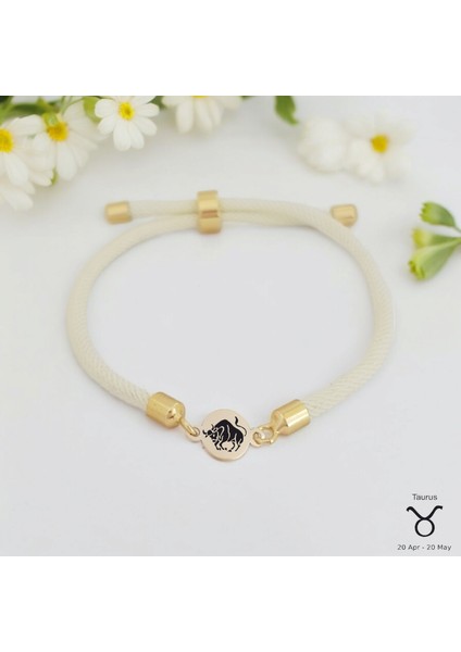 14 Ayar Altın Plakalı Boğa Burçlarına Özel Yuvarlak Motifli Beyaz Örgülü Hediye BILEKLIK-476BURÇ
