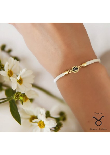 14 Ayar Altın Plakalı Boğa Burçlarına Özel Yuvarlak Motifli Beyaz Örgülü Hediye BILEKLIK-476BURÇ fiyatları