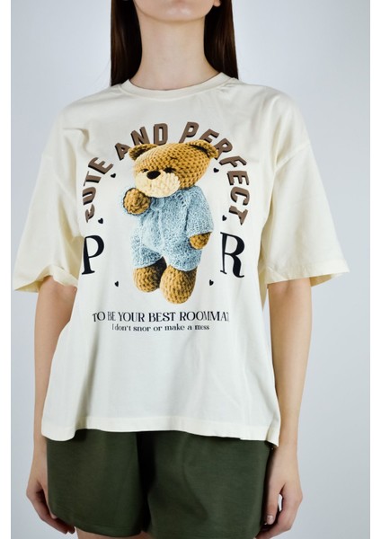 Sıfır Yaka Teddy Bear Baskılı Basic Tişört Ekru modelleri