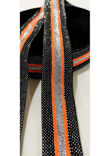 Siyah Gümüş Turuncu Simli Dar Dokuma Şerit