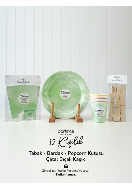 Karışık Pastel Renkli Kullan At Tabak-Bardak-Çatal Kaşık Bıçak-Popcorn Kutusu 12 Kişilik Parti Seti