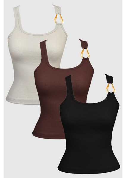 Pamuklu Kalın Askılı Fitilli Toka Detaylı Kadın Atlet 3' lü Paket