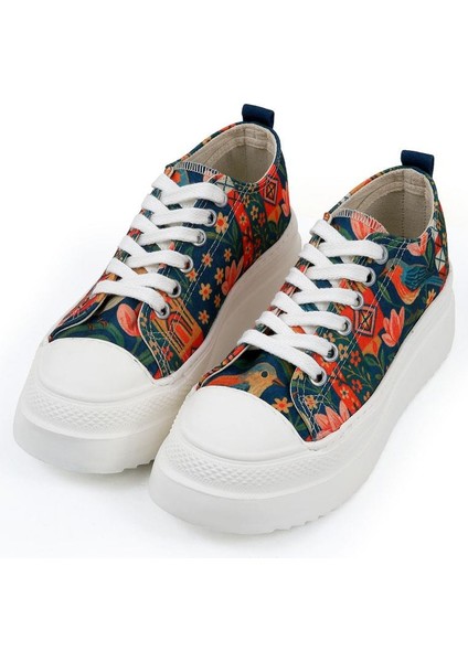 Kadın Vegan Çok Renkli Kalın Taban Sneakers - Garden Birds Tasarım