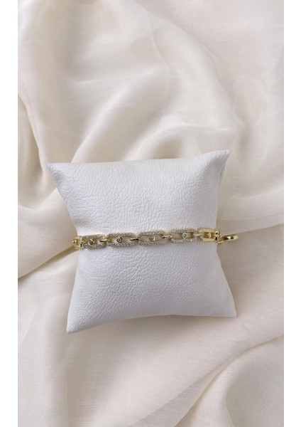 Oval Formlu Taşlı Gold Bileklik