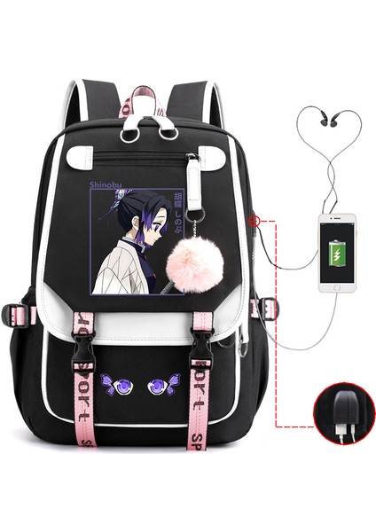 Anime Okul Çantası Hayalet Bıçağı Yok Et Iblis Avcısı Sınır Ötesi Trend USB Büyük Kapasiteli Öğrenciler Omurga Koruma Omuz Çantası (Yurt Dışından)