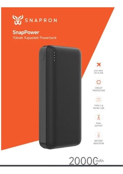 SNAPRON Snp 3002 Siyah Powerbank 20.000 Mah. Hızlı Şarj Özellikli. Usb Kablo Dahil fiyatları