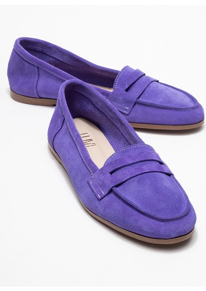 F02 Eflatun Süet Hakiki Deri Kadın Loafer Ayakkabı