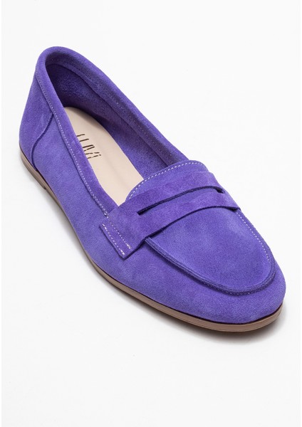 F02 Eflatun Süet Hakiki Deri Kadın Loafer Ayakkabı modelleri