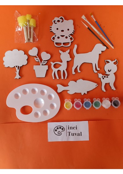 7 Adet Büyük Boy Hayvan Bitki Çiçek Figür Okul Öncesi Etkinlik Ahşap Oyuncak Akrilik Boya Fırça Seti