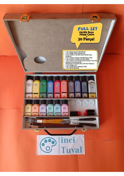 Artdeco Full Box Akrilik Boya Ahşap Çantalı Set Taşıma Fırça Spatula Terebentin Yağ Palet Boya Kabı