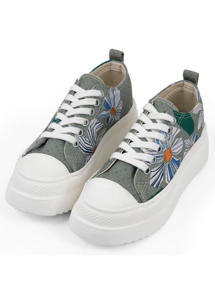 Kadın Vegan Gri Kalın Taban Sneakers - Origami Bloom Tasarım