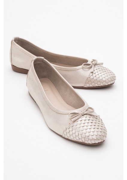 02 Bej Simli Hakiki Deri Kadın Babet Ayakkabı