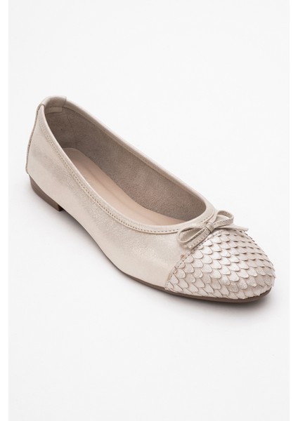 02 Bej Simli Hakiki Deri Kadın Babet Ayakkabı