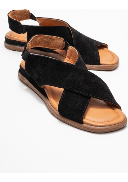 706 Hakiki Deri Siyah Süet Kadın Sandalet