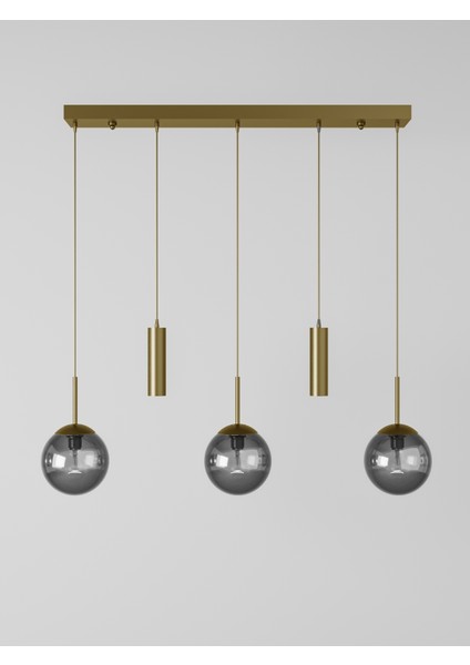 Nara Eskitme Metal Gövdeli 5'li Modern Sıralı Sarkıt Avize- 2 Spot LED 3 Füme Cam Küre Avize modelleri