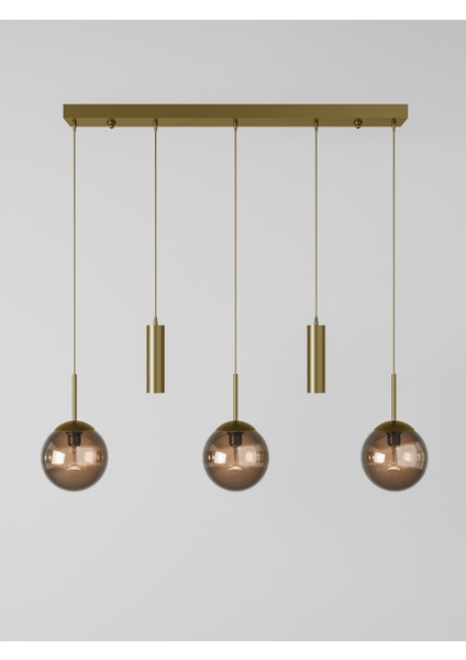 Nara Eskitme Metal Gövdeli 5'li Modern Sıralı Sarkıt Avize- 2 Spot LED 3 Bal Cam Küre Avize modelleri