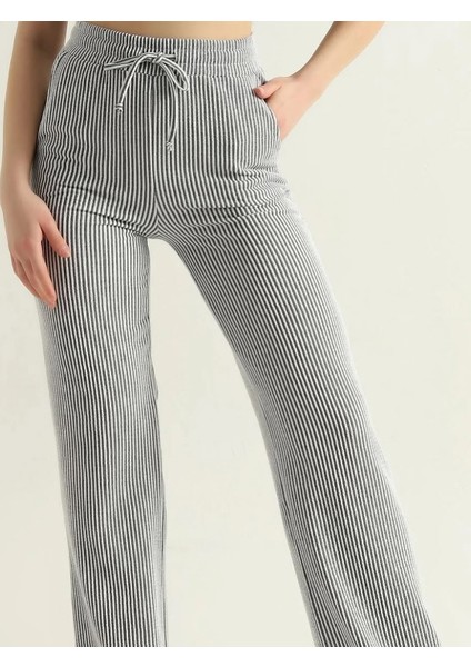Unisex Su Yolu Çizgili Keten Karışımlı Pantolon
