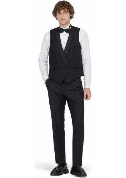 Siyah Slim Fit Şal Yaka Klasik Yelek