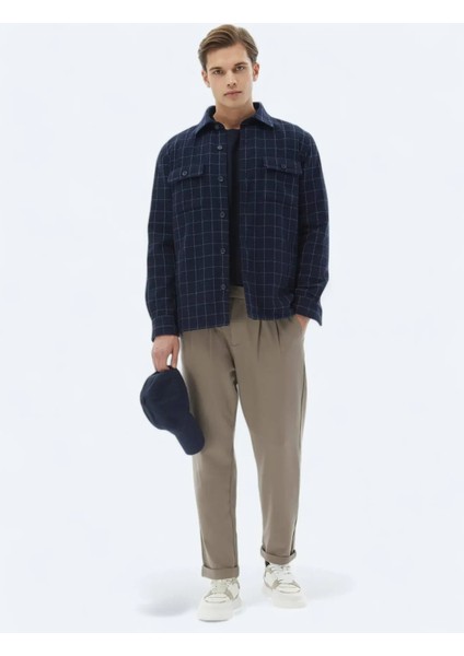 Lacivert Kareli Regular Fit Dokuma Yün Karışımlı Overshırt