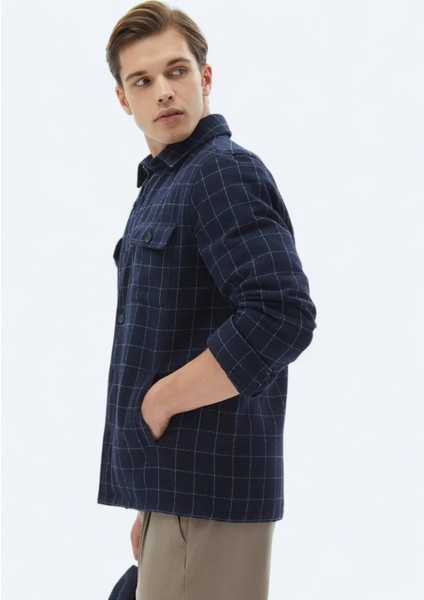 Lacivert Kareli Regular Fit Dokuma Yün Karışımlı Overshırt fiyatları