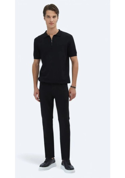 Siyah Polo Yaka Düz Örgü Triko