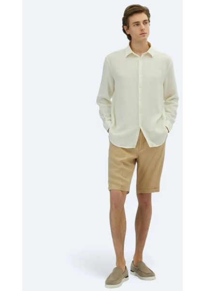 Beyaz Düz Oversize Fit Dokuma Casual Pamuk Karışımlı Gömlek