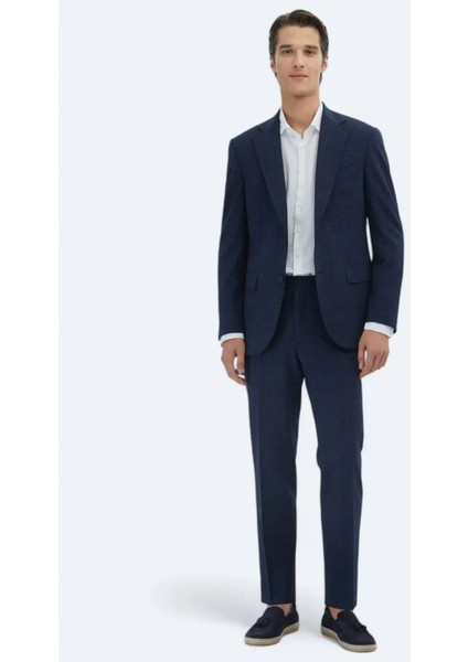 Lacivert Kareli Modern Fit Yün Karışımlı Takım Elbise