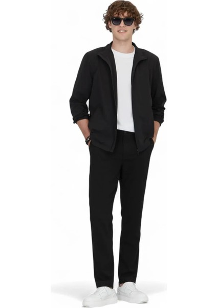 Siyah Regular Fit Dik Yaka Casual Dokuma Mont