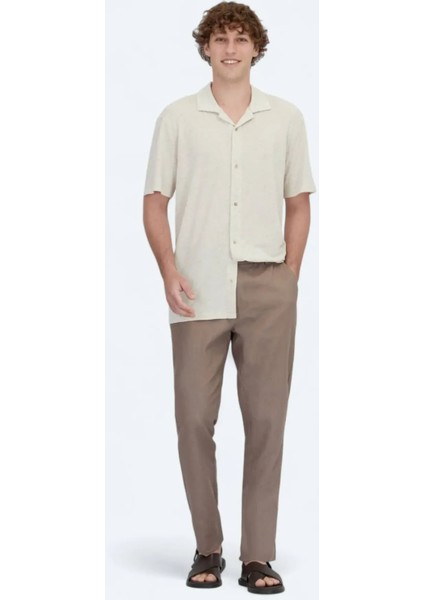 Bej Desenli Casual Keten Karışımlı Gömlek