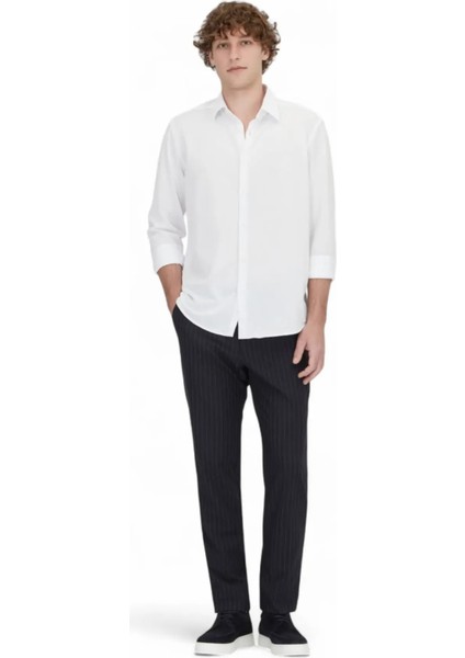 Beyaz Çizgili Regular Fit Casual Pamuk Karışımlı Gömlek