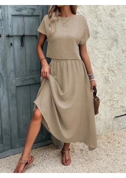 Kadın Kısa Kollu Bisiklet Yaka Bluz Etekli Ithal Keten Ikili Takım