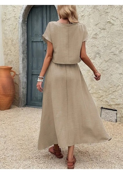 Kadın Kısa Kollu Bisiklet Yaka Bluz Etekli Ithal Keten Ikili Takım indirimleri