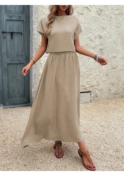 Kadın Kısa Kollu Bisiklet Yaka Bluz Etekli Ithal Keten Ikili Takım