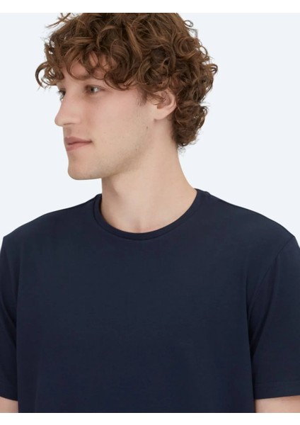 Lacivert Düz Bisiklet Yaka Pamuk Karışımlı T-Shirt fiyatları
