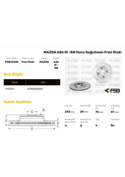 Fren Diski Ön 242MM Mazda 626 1988-1997 Oem Kodu - GJ96-33-25XA-PSB12208
