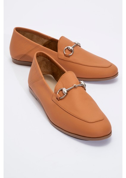 F03 Taba Cilt Hakiki Deri Kadın Loafer Ayakkabı