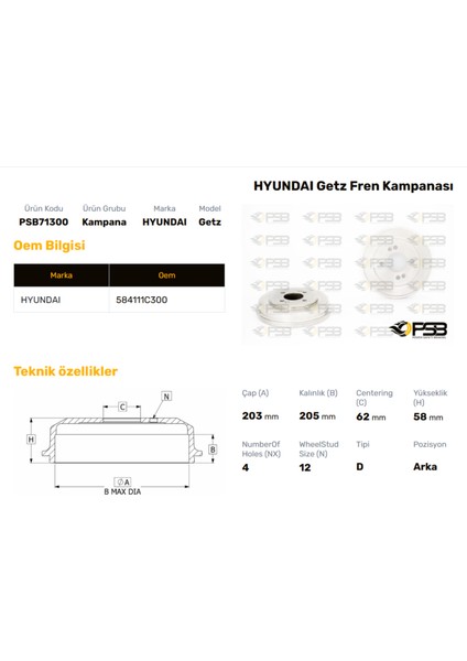 Fren Kampanası Arka 203MM Hyundaı Getz 2002-2010 Oem Kodu - 58411-1C300-PSB71300