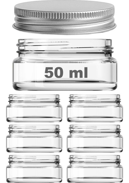50 ml Metal Gümüş Kapaklı Kozmetik Kavanozu 50 cc Şeffaf Cam Krem Kavanoz 6 Adet