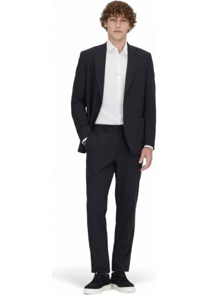 Lacivert Çizgili Modern Fit Örme Takım Elbise