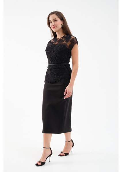 Kadın Siyah Dantelli Midi Abiye Elbise fiyatları