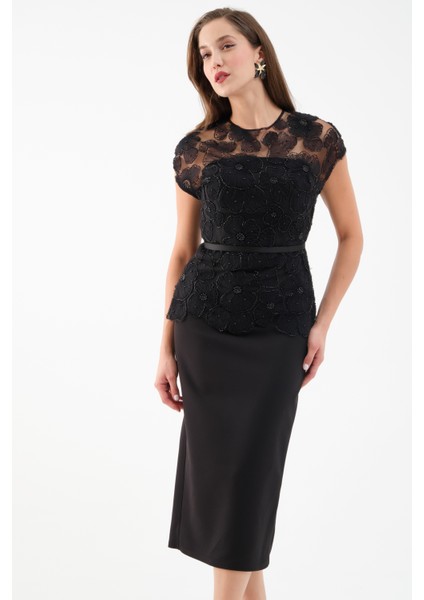 Kadın Siyah Dantelli Midi Abiye Elbise modelleri