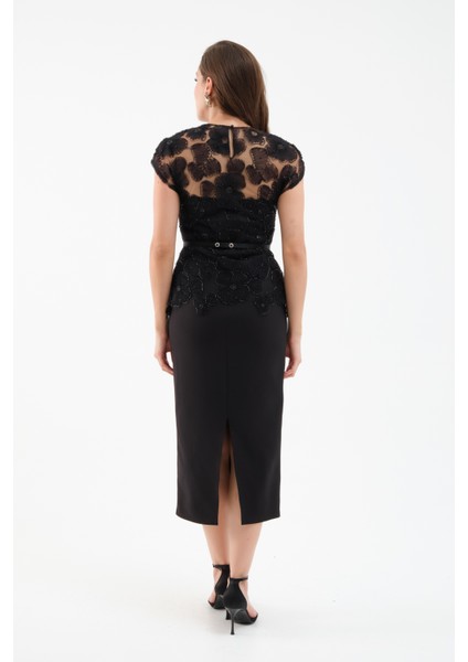Kadın Siyah Dantelli Midi Abiye Elbise indirimleri