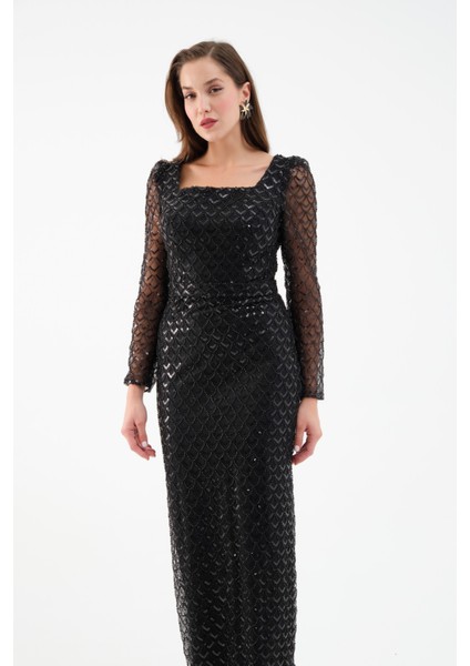 Kadın Siyah Kare Yaka Uzun Kollu Boncuklu Uzun Abiye Elbise modelleri