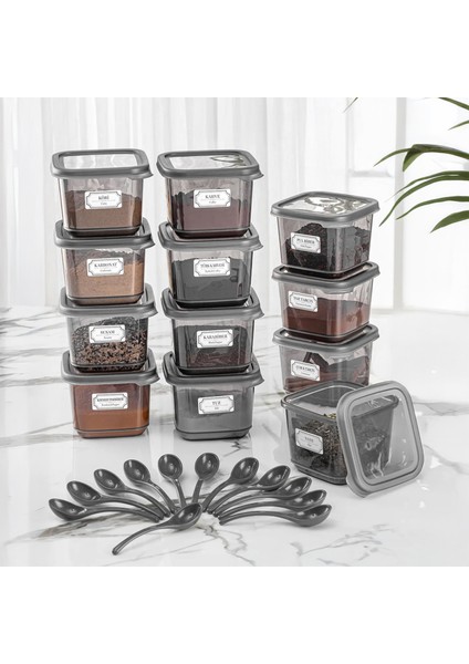 12'li Set Sızdırmaz Kapaklı Kare Erzak Saklama Kabı Antrasit 12 x 0.50 Lt Etiketli
