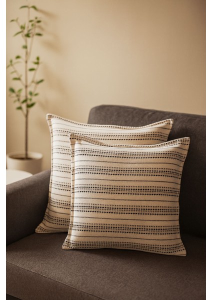 Rita 2'li Naturel Pamuk Çizgili Kırlent Kılıfı-Rustik,el Dikişi 40X40 cm