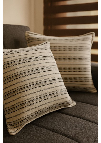 Rita 2'li Naturel Pamuk Çizgili Kırlent Kılıfı-Rustik,el Dikişi 40X40 cm modelleri