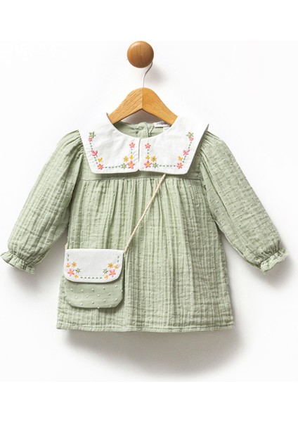 Kız Bebek Nakışlı Bebe Yaka Müslin %100 Pamuk Çantalı Elbise