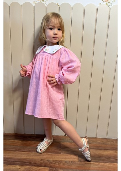 Kız Bebek Nakışlı Bebe Yaka Müslin %100 Pamuk Çantalı Elbise