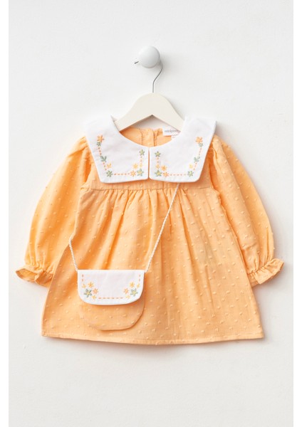 Kız Bebek Nakışlı Bebe Yaka Müslin %100 Pamuk Çantalı Elbise